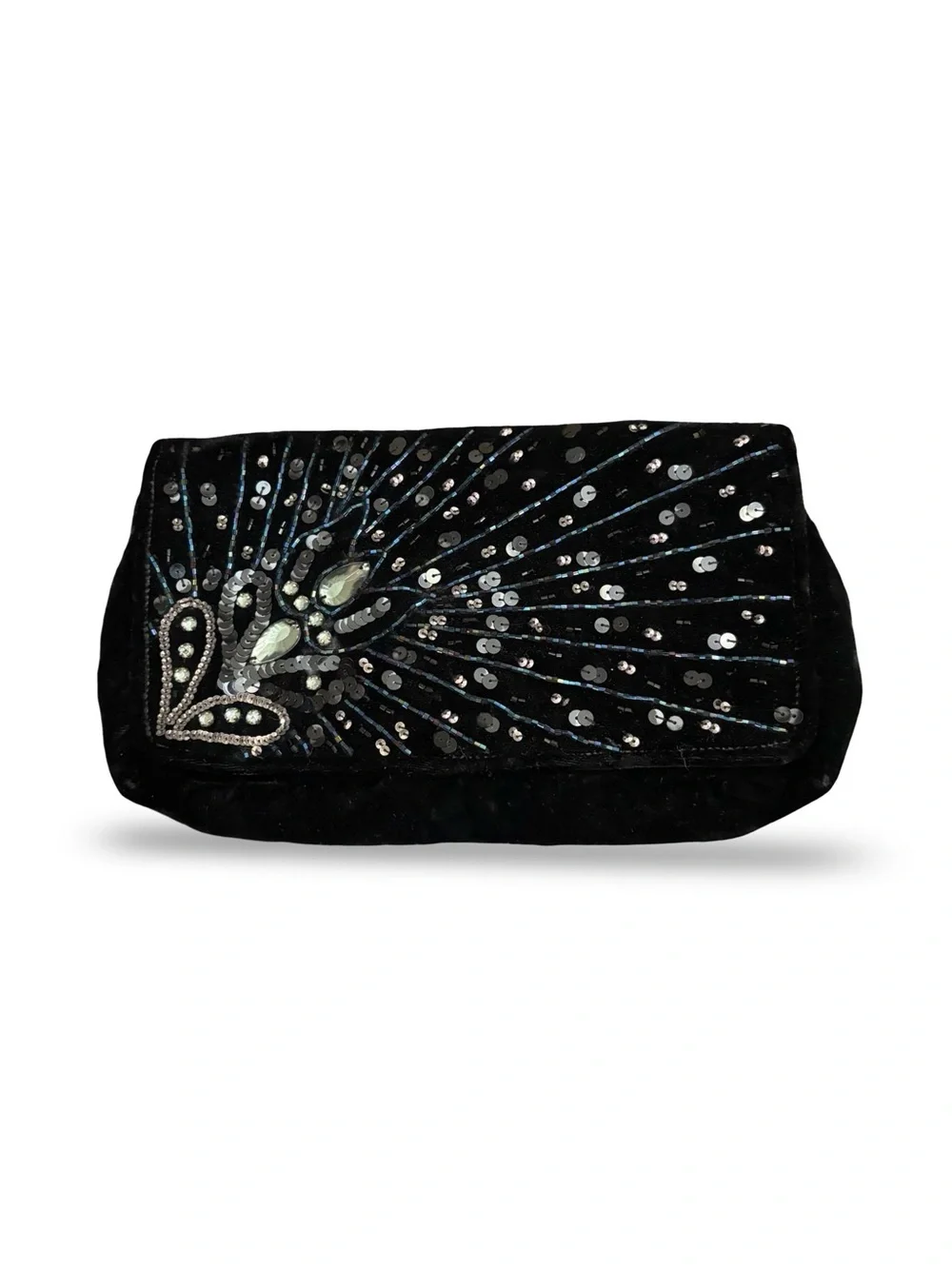 Ipa-Nima Black Beaded Peacock Clutch Evening Bag Embellished Velvet Handmade